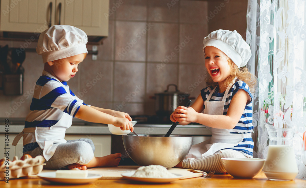 happy family funny kids bake cookies in kitchen