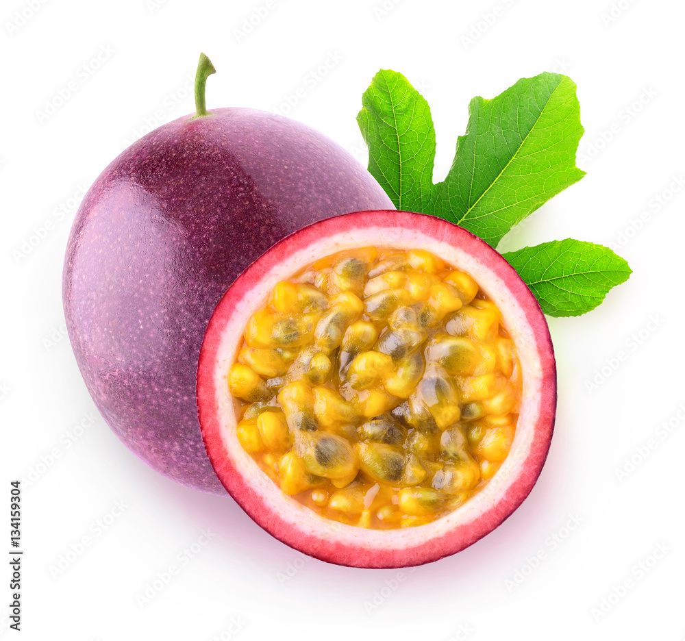 Isolated passionfruits. One whole passion fruit (maracuya) and a slice isolated on white background 