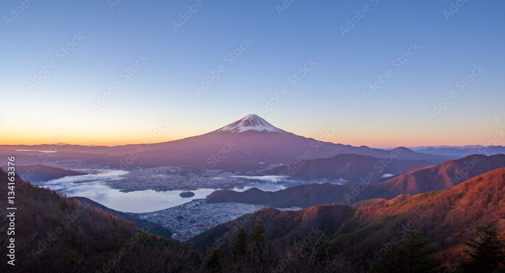 Mt.Fuji and Kawaguchiko lake with sea of mist in autumn season