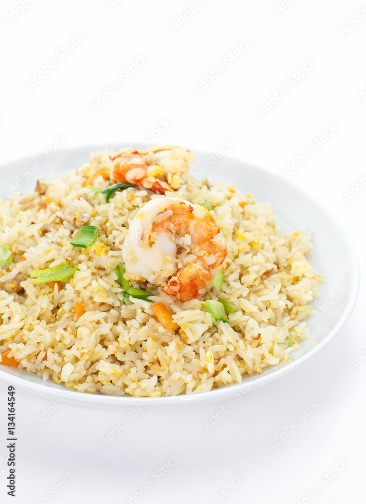 Asian food , Shrimp fried rice with vegetable on white background