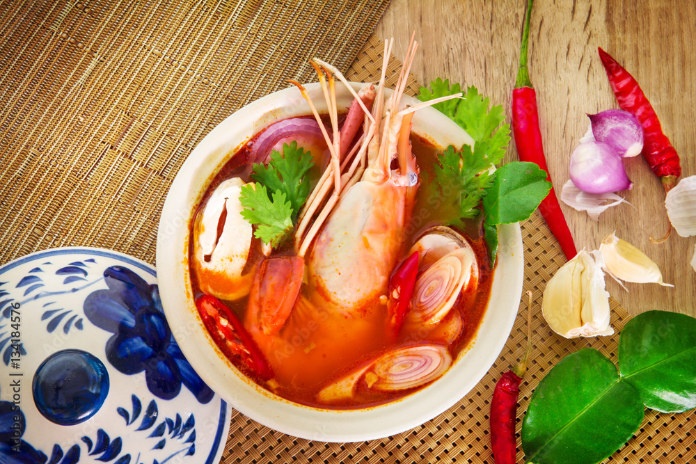 Close up Asian Spicy soup with shrimp in  bowl 