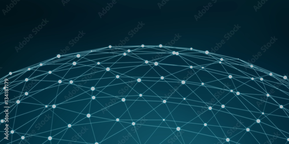 Floating white and blue glowing dot network 3D rendering