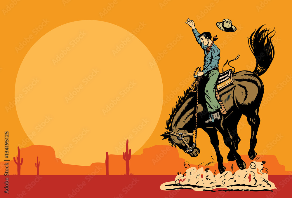 Drawing of a cowboy riding a wild horse at sunset, vector