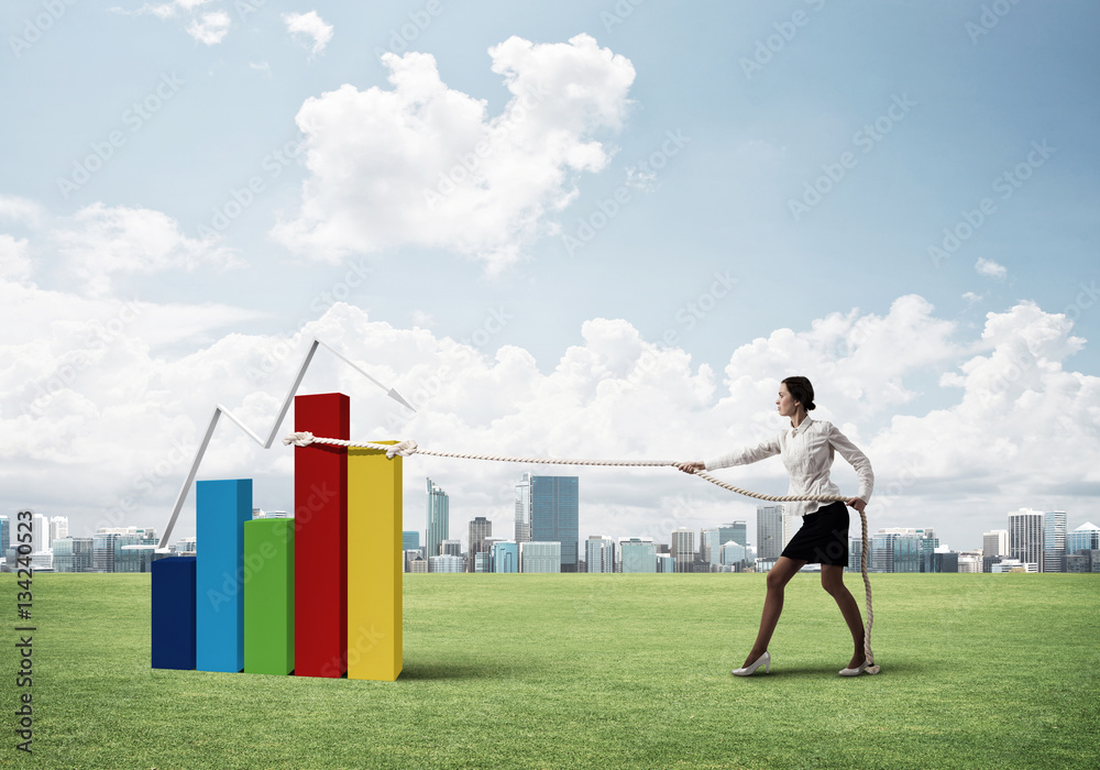 Businesswoman pulling arrow with rope and making it raise up