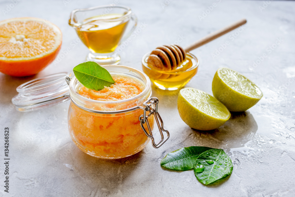 organic citrus scrub homemade on gray background