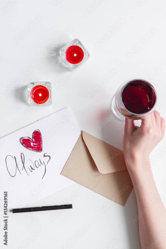 concept of Valentine Day love letter white background top view