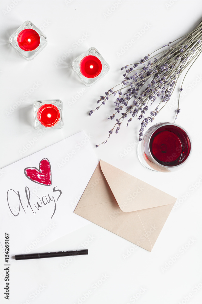 concept of Valentine Day love letter white background top view