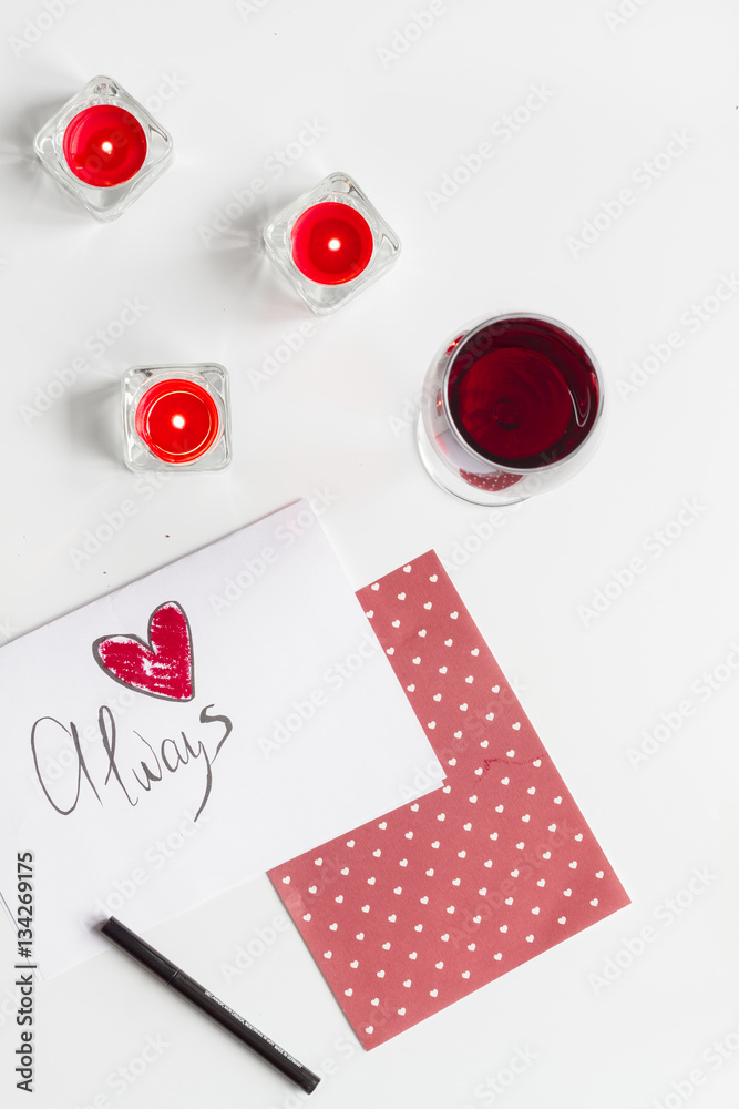 concept of Valentine Day love letter white background top view