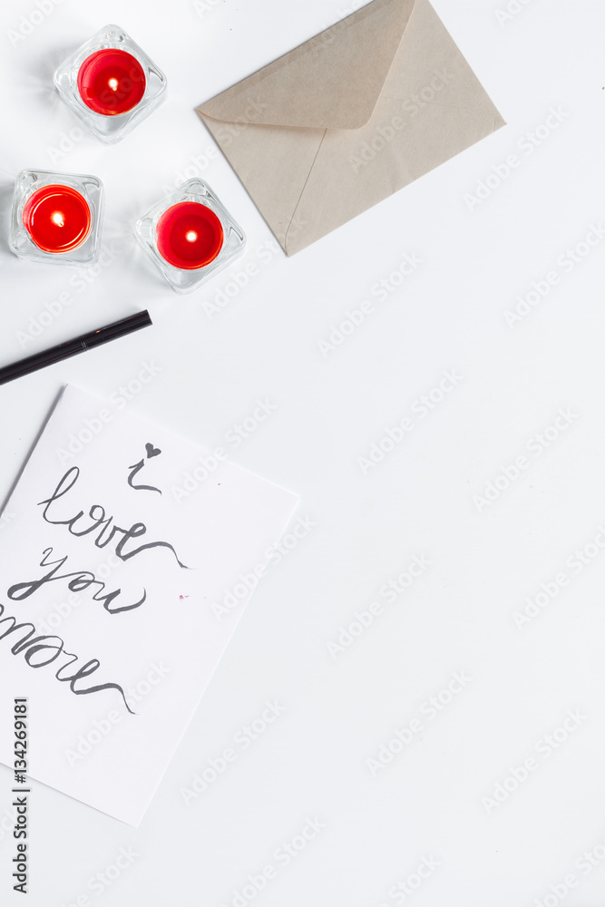 concept of Valentine Day love letter white background top view