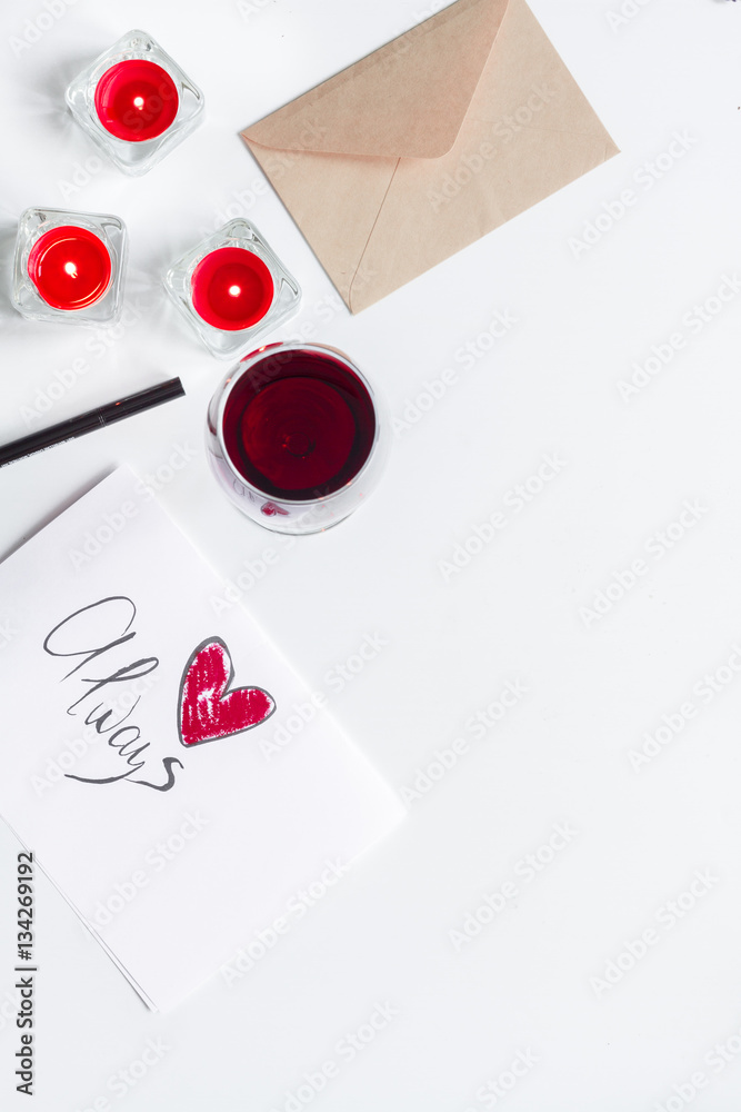 concept of Valentine Day love letter white background top view