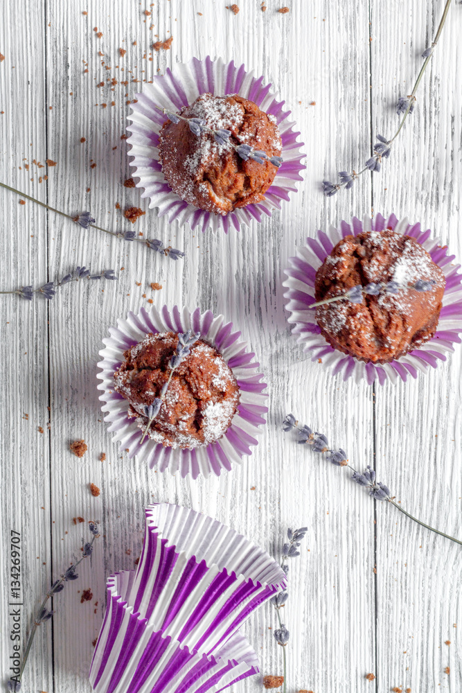 concept of Valentines Day cupcakes wooden background top view