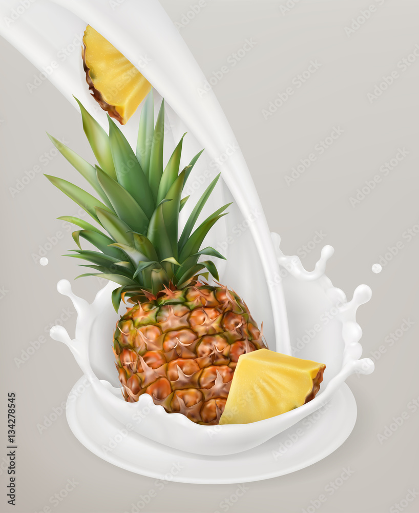 Milk splash and pineapple. 3d vector object. Natural dairy products