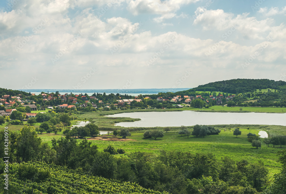 View over lake, wineyards and Tihany village at Lake Balaton coast, Hungary