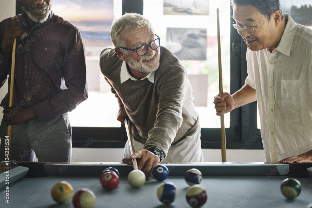 Friends Playing Billiard Relaxation Happiness Concept