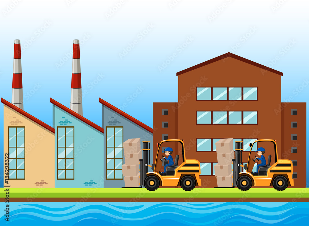 Factory scene with two forklifts working