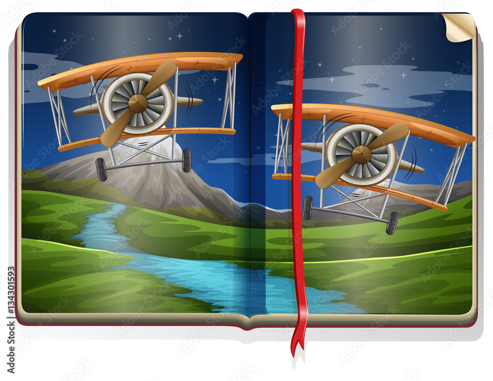 Book with scene of planes flying over river