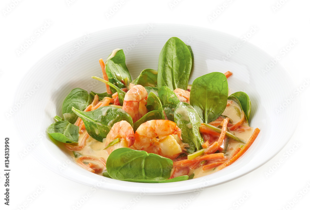 fried prawns and vegetables with coconut sauce