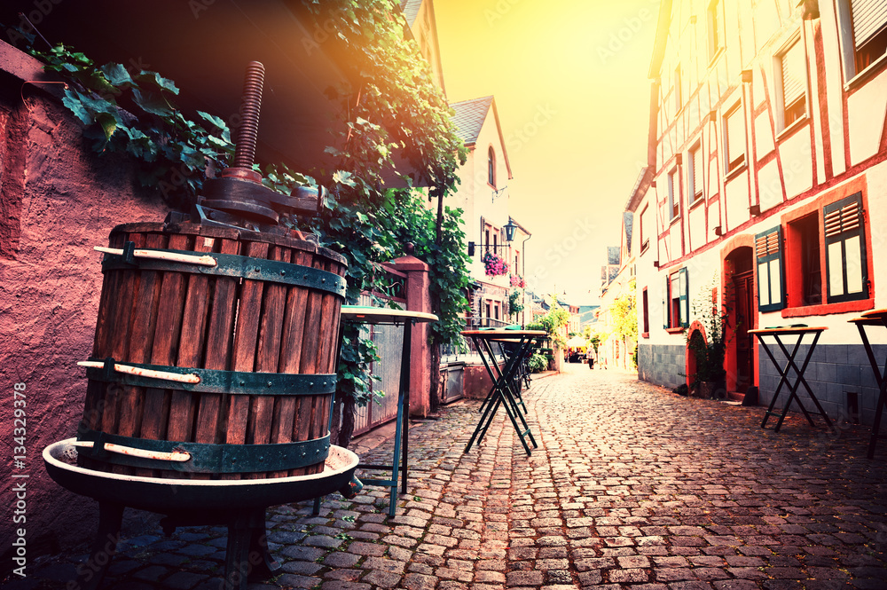 Narrow cobblestone street in old town. Cityscape Alsace, France