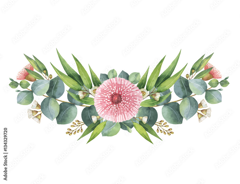 Watercolor vector wreath with green eucalyptus leaves and branches.