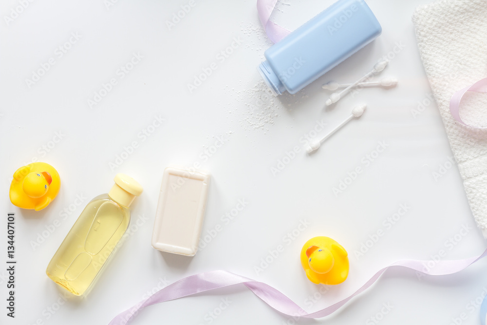 baby accessories for bath with duck on white background