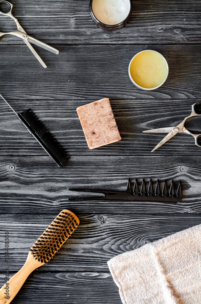 Tools for cutting beard barbershop top view on wooden background