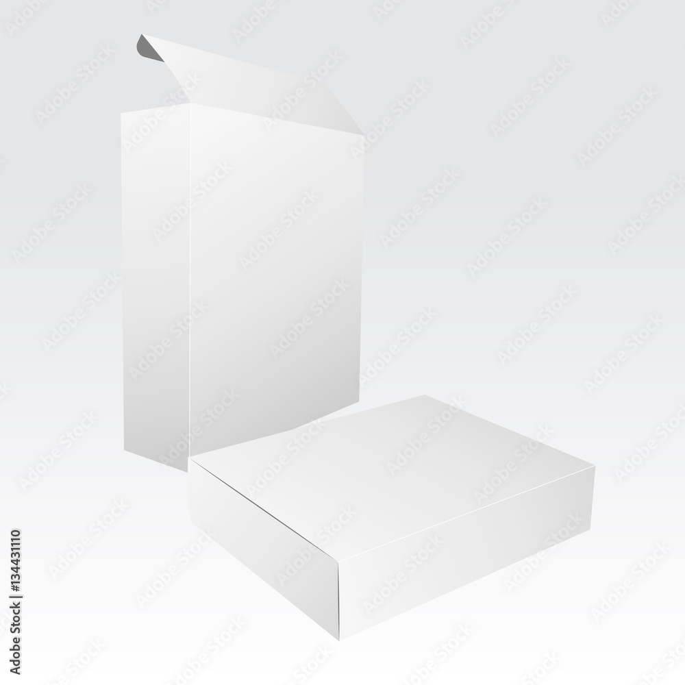 Two blank white boxes isolated. White rectangle. Open box. Closed box. Mockup for design and brandin