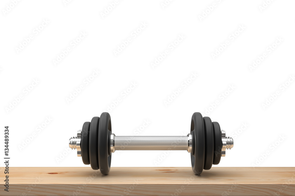 dumbbell on wood table. 3D illustration