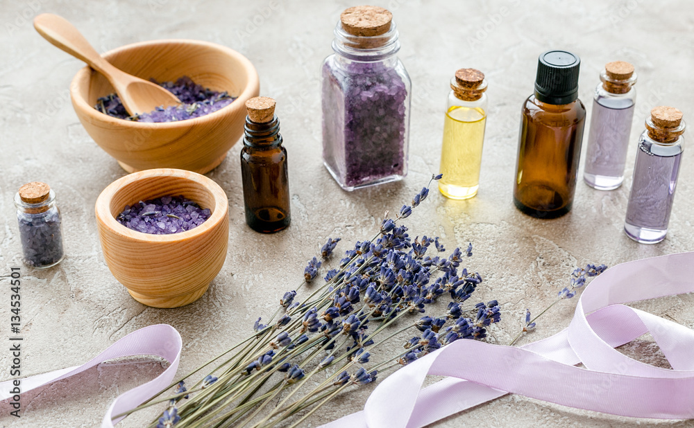 organic cosmetics with lavender on wooden background