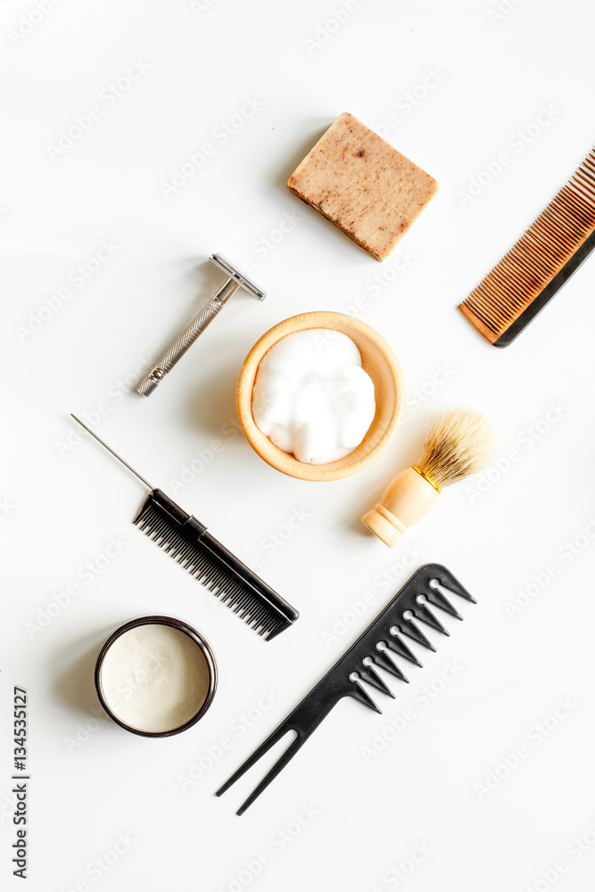 Mens hairdressing desktop with tools for shaving top view