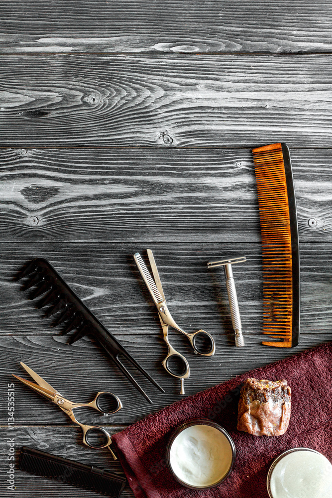 Tools for cutting beard barbershop top view on wooden background