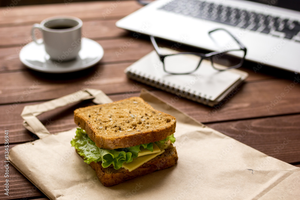 concept of lunch in officeat work top view