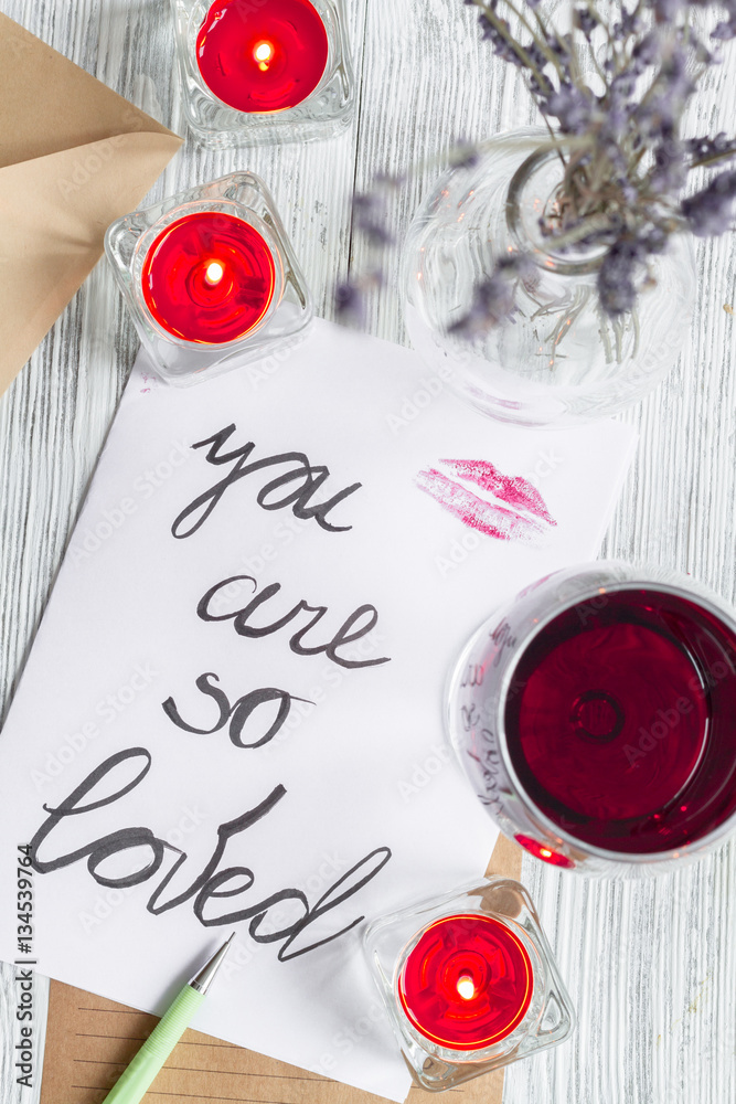 concept Valentines Day love letter wooden background top view