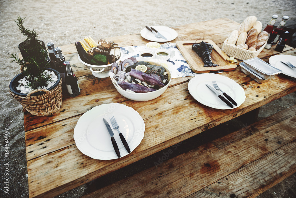 Delicious Sea Food Wooden Table Bench Shore Concept