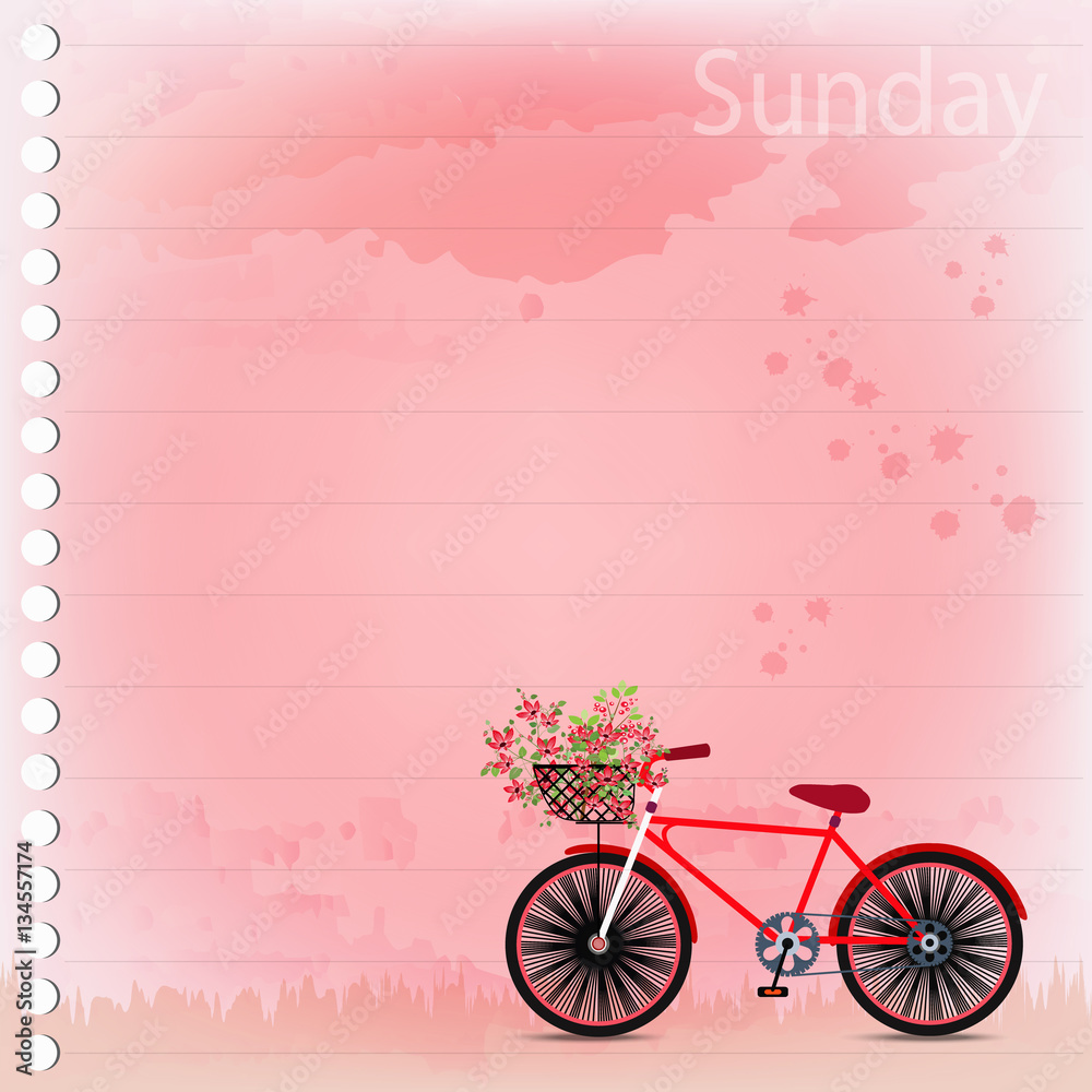 red bicycle with flowers in basket on red watercolor note paper background, vector illustration