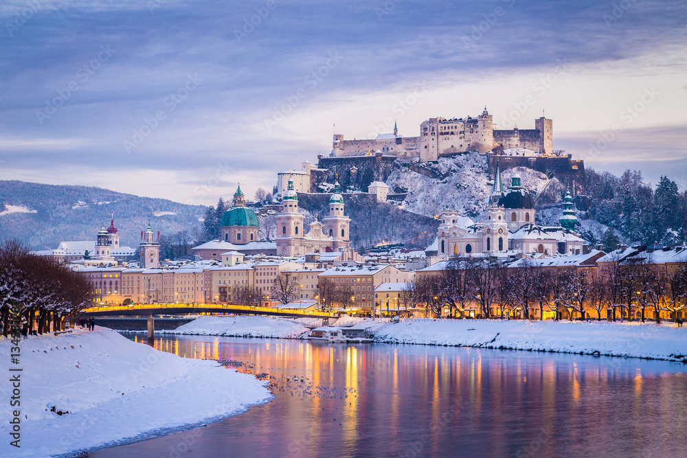 Classic view of Salzburg at Christmas time in winter, Austria