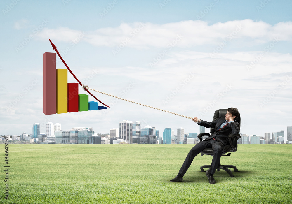 Businessman pulling graph with rope as concept of power and control