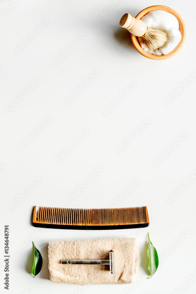 Mens hairdressing desktop with tools for shaving top view