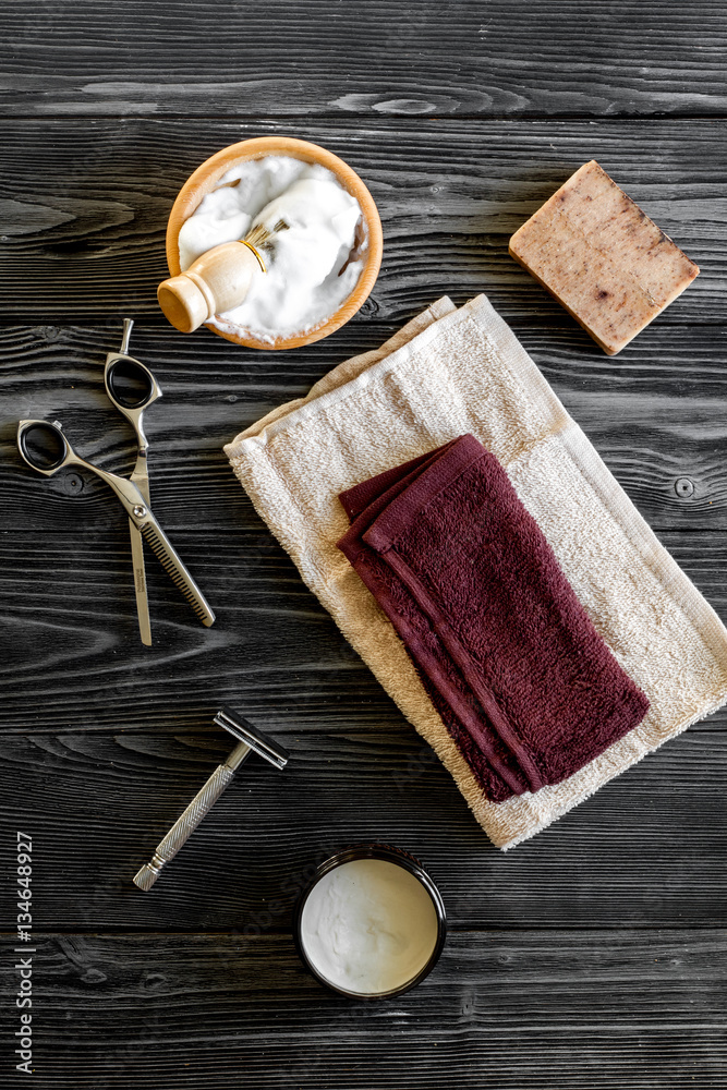 Tools for cutting beard barbershop top view on wooden background