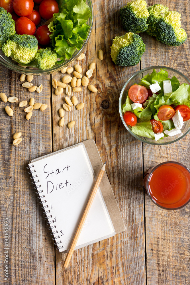 concept diet, slimming plan with vegetables top view mock up