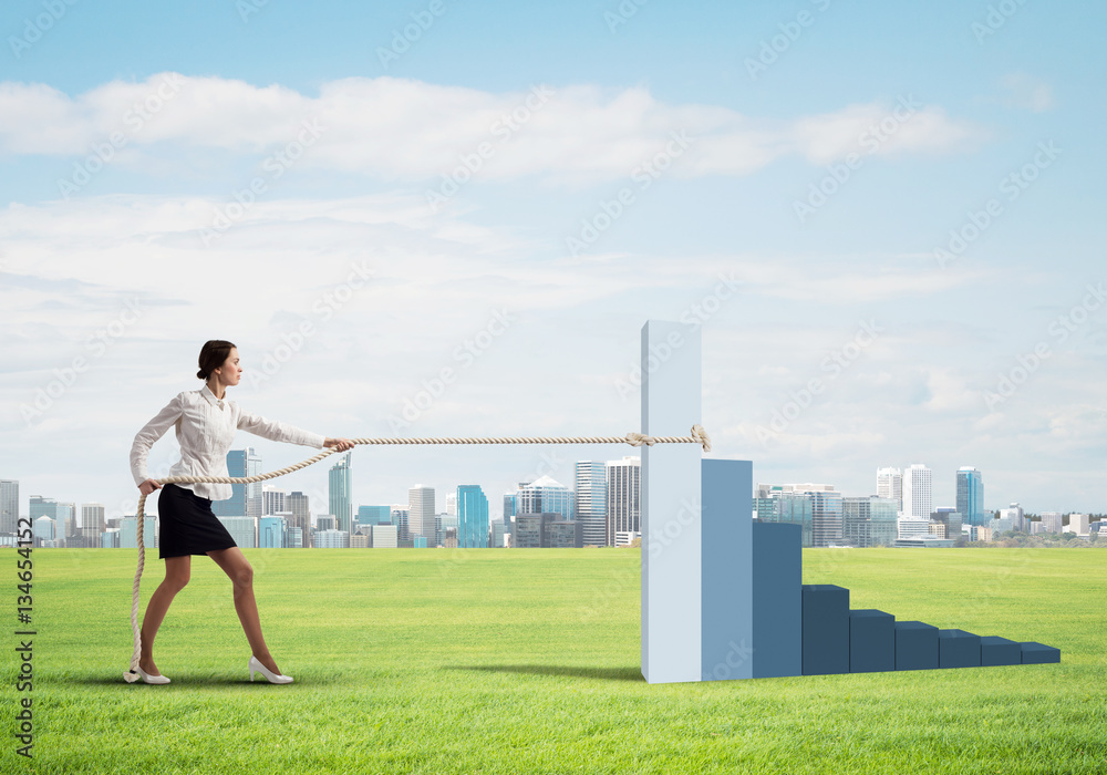 Businesswoman pulling arrow with rope and making it raise up