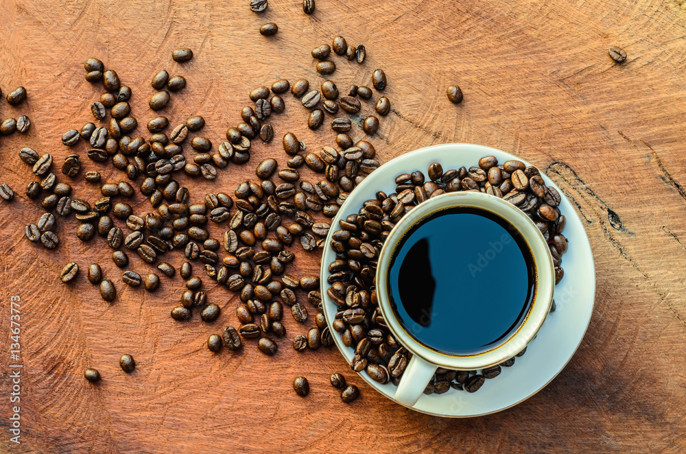 black coffee mug top view on wood background