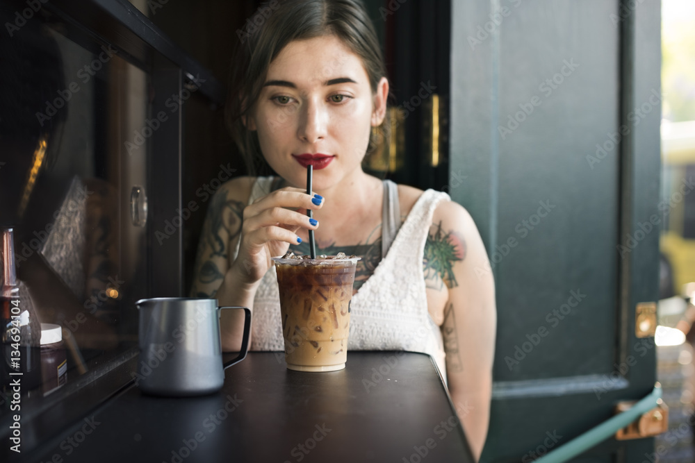 Woman Coffeeshop Drink Relaxation Tattoo Concept