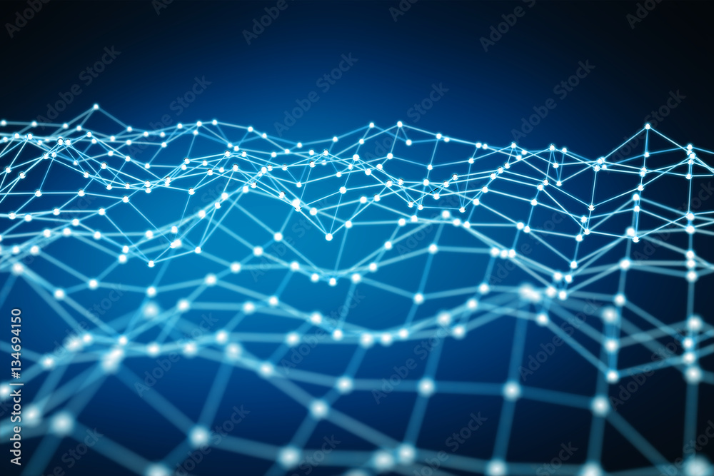 Floating white and blue dot network 3D rendering