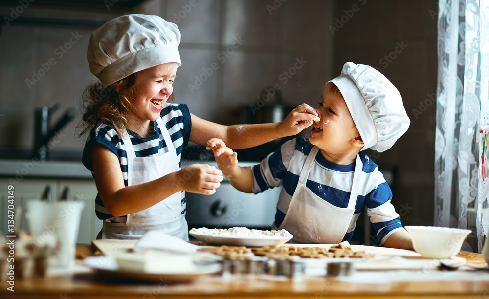 happy family funny kids bake cookies in kitchen