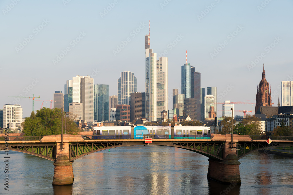 Tram with Frankfurt am Main skyline at morning in Frankfurt, Germany