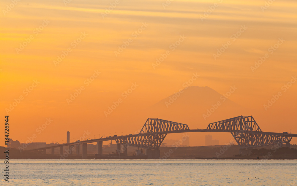 Tokyo bay at sunset with Tokyo gate bridge and Mountain Fuji .