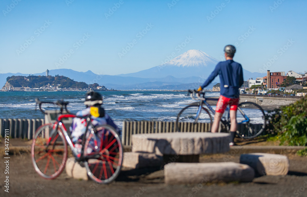 Mountain Fuji and sea in autumn season at Sagami bay , Kanagawa prefecture , Japan