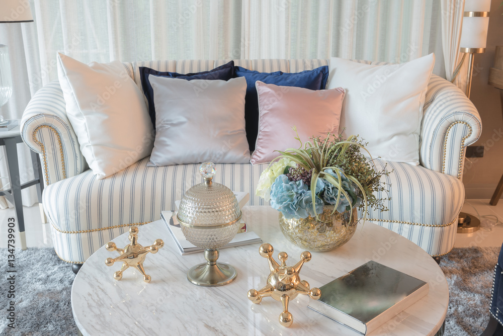 set of sofa with pillows and classic white lamp in luxury living