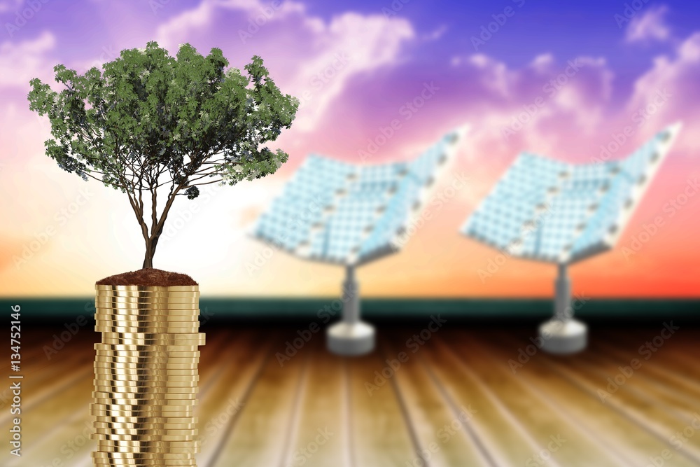 Composite image of tree on piles of coins on white background 3d