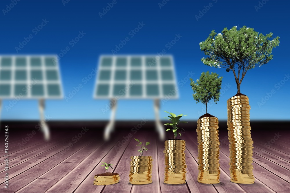 Composite image of tree and plant over gold coins 3d